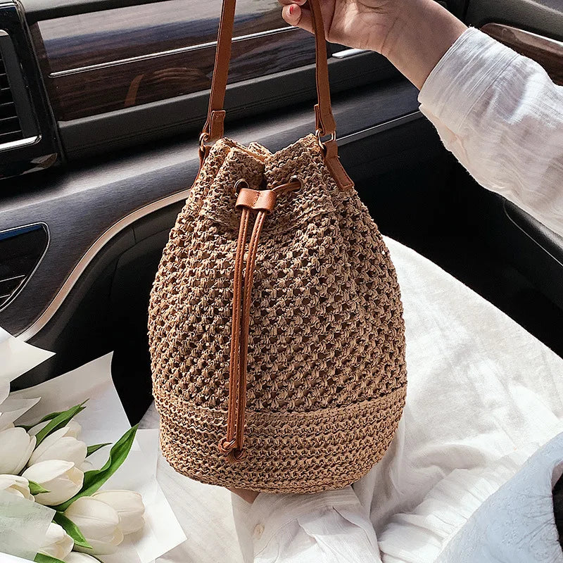 Summer Braided Straw Bucket Bag For Women Simple Drawstring Shoulder Crossbody Bag Travel Beach Bag Casual Wove Handbag