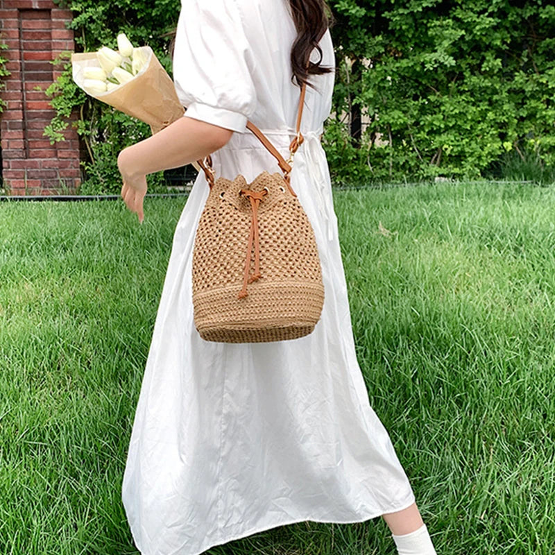 Summer Braided Straw Bucket Bag For Women Simple Drawstring Shoulder Crossbody Bag Travel Beach Bag Casual Wove Handbag