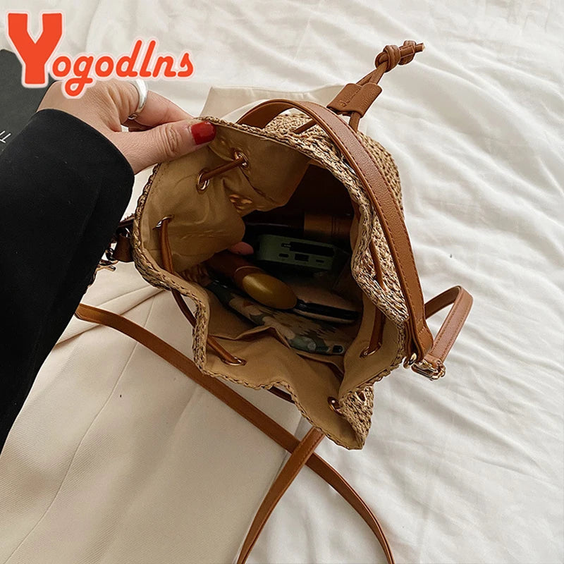 Summer Braided Straw Bucket Bag For Women Simple Drawstring Shoulder Crossbody Bag Travel Beach Bag Casual Wove Handbag