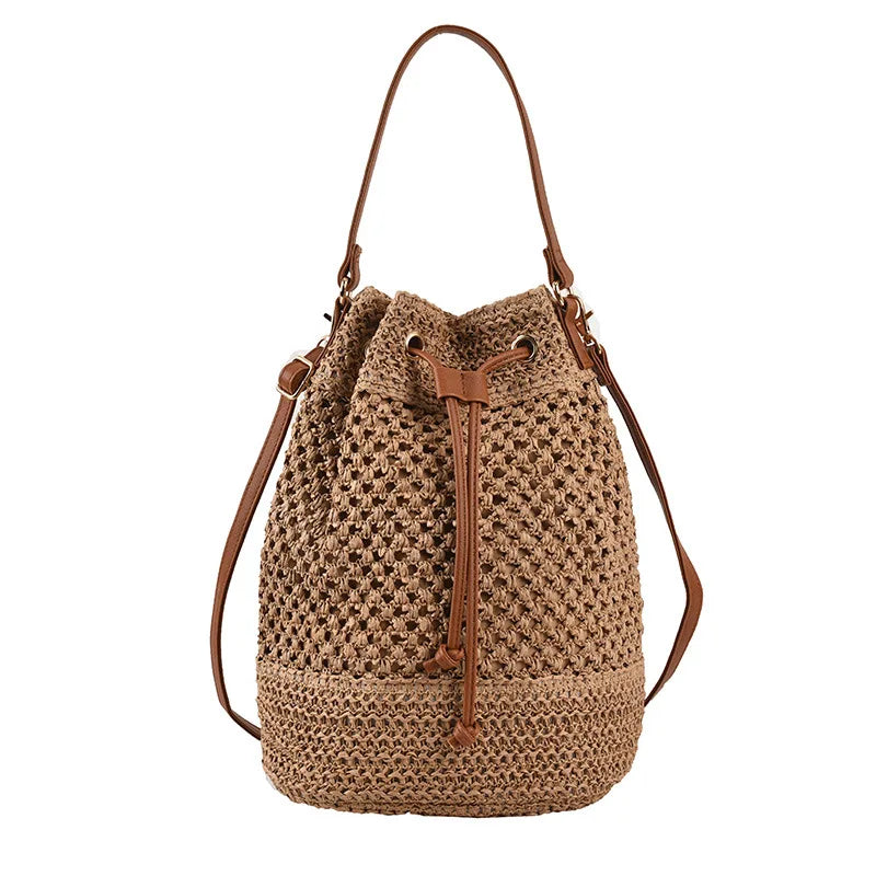 Summer Braided Straw Bucket Bag For Women Simple Drawstring Shoulder Crossbody Bag Travel Beach Bag Casual Wove Handbag