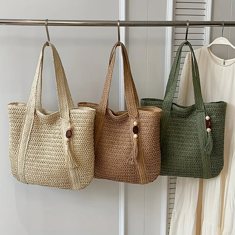 New Handwoven Straw Shoulder Bag, Solid Color Tote w/Tassel, Square Beach Bag SummerVacation, Handbag Shopping Outings