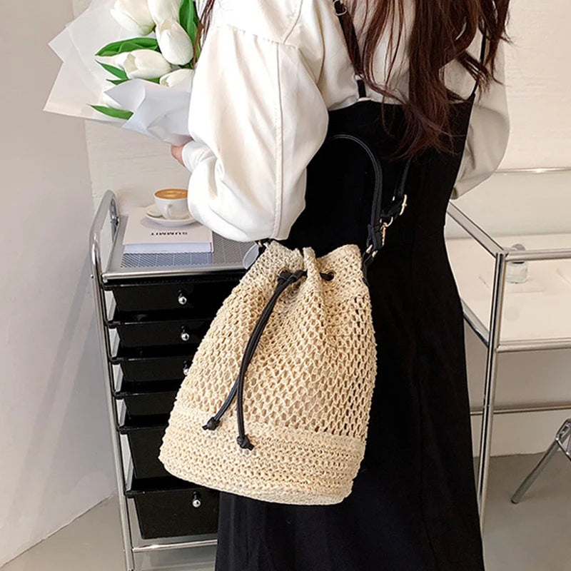 Summer Braided Straw Bucket Bag For Women Simple Drawstring Shoulder Crossbody Bag Travel Beach Bag Casual Wove Handbag