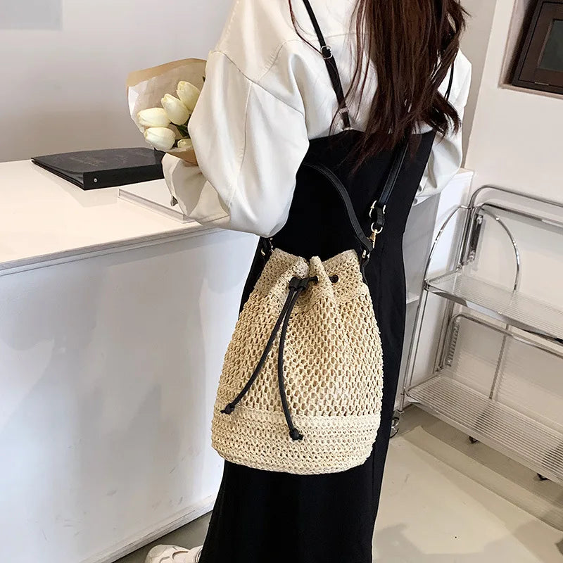 Summer Braided Straw Bucket Bag For Women Simple Drawstring Shoulder Crossbody Bag Travel Beach Bag Casual Wove Handbag