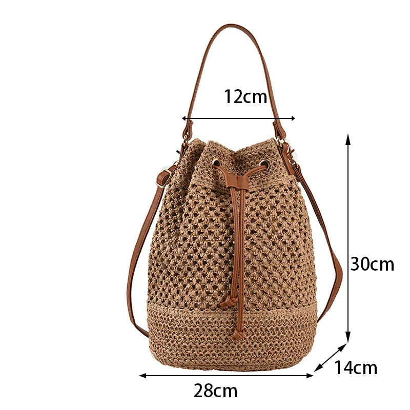 Summer Braided Straw Bucket Bag For Women Simple Drawstring Shoulder Crossbody Bag Travel Beach Bag Casual Wove Handbag