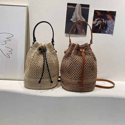 Summer Braided Straw Bucket Bag For Women Simple Drawstring Shoulder Crossbody Bag Travel Beach Bag Casual Wove Handbag