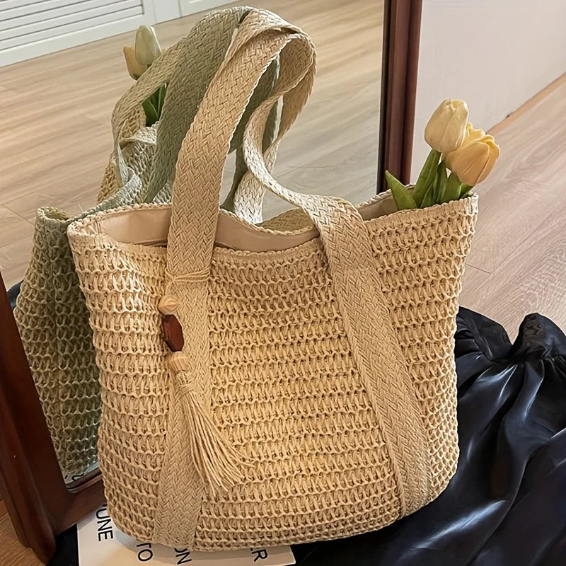 New Handwoven Straw Shoulder Bag, Solid Color Tote w/Tassel, Square Beach Bag SummerVacation, Handbag Shopping Outings