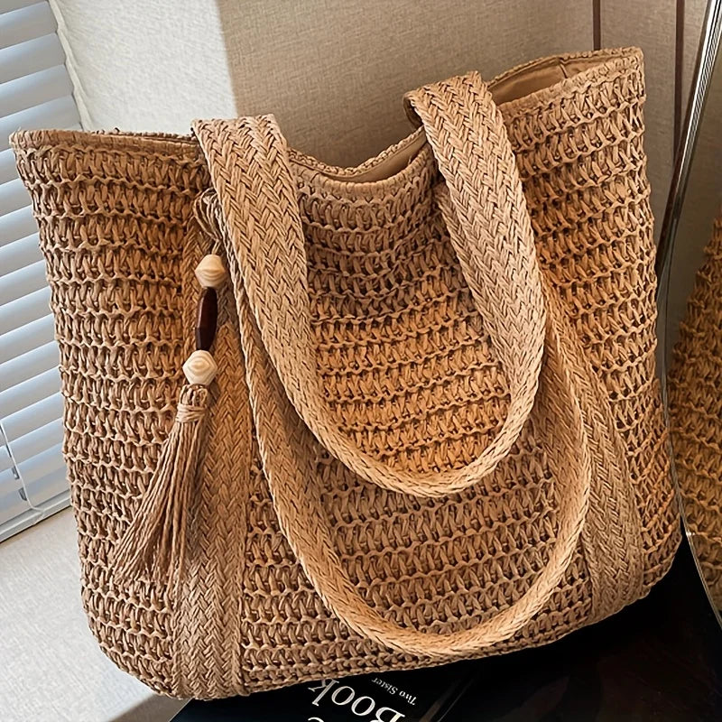 New Handwoven Straw Shoulder Bag, Solid Color Tote w/Tassel, Square Beach Bag SummerVacation, Handbag Shopping Outings