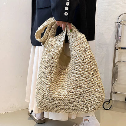 Women Beach Vintage Handmade Woven Shoulder Bag Raffia Rattan Shopping Bags Bohemian Ladies Summer Travel Vacation Casual Totes