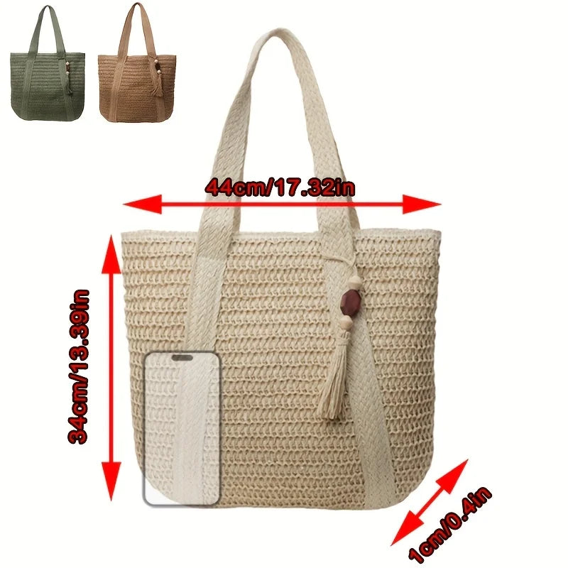 New Handwoven Straw Shoulder Bag, Solid Color Tote w/Tassel, Square Beach Bag SummerVacation, Handbag Shopping Outings