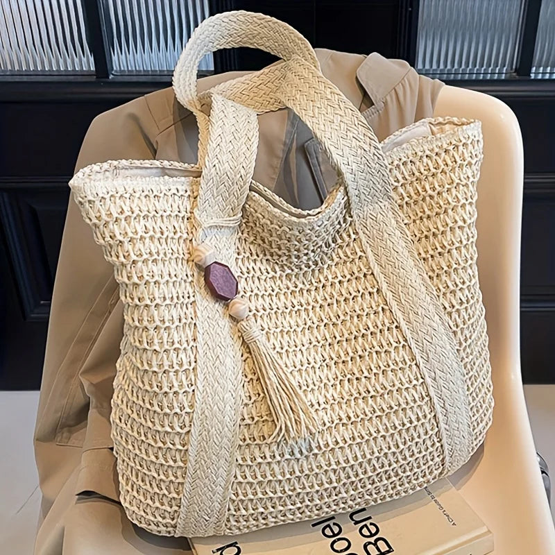 New Handwoven Straw Shoulder Bag, Solid Color Tote w/Tassel, Square Beach Bag SummerVacation, Handbag Shopping Outings