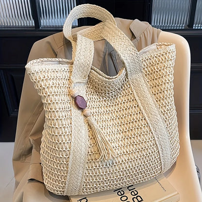 New Handwoven Straw Shoulder Bag, Solid Color Tote w/Tassel, Square Beach Bag SummerVacation, Handbag Shopping Outings