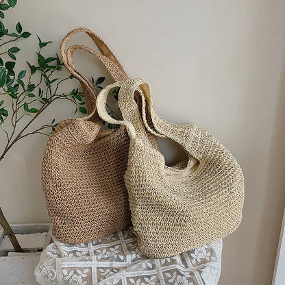 Women Beach Vintage Handmade Woven Shoulder Bag Raffia Rattan Shopping Bags Bohemian Ladies Summer Travel Vacation Casual Totes