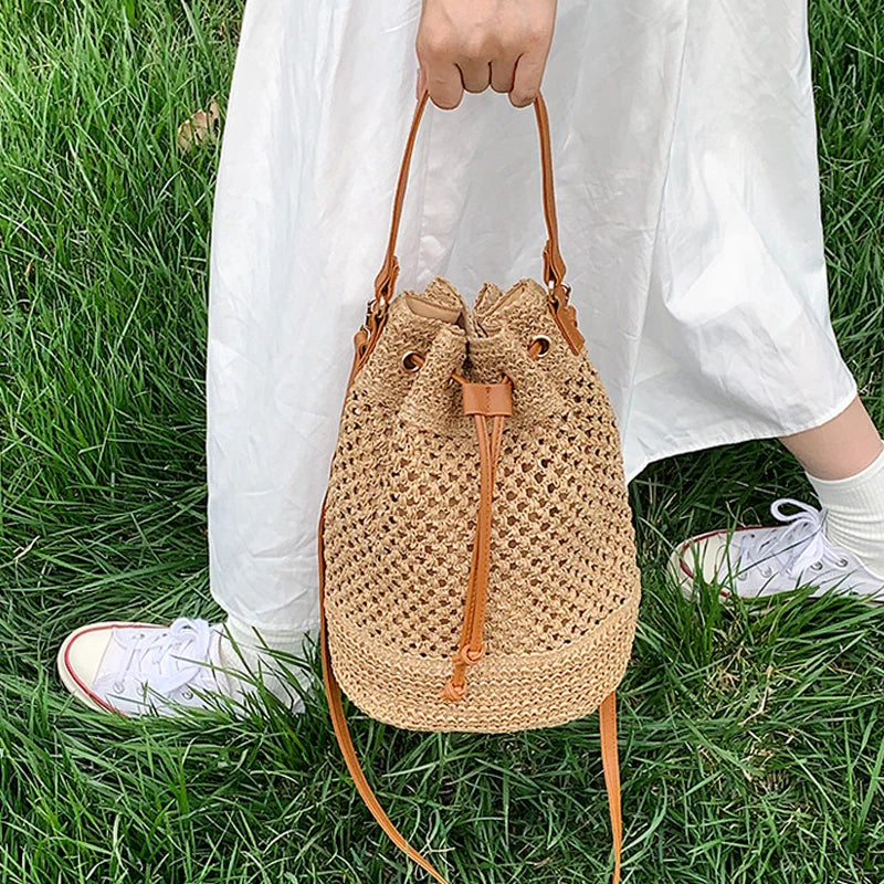 Summer Braided Straw Bucket Bag For Women Simple Drawstring Shoulder Crossbody Bag Travel Beach Bag Casual Wove Handbag