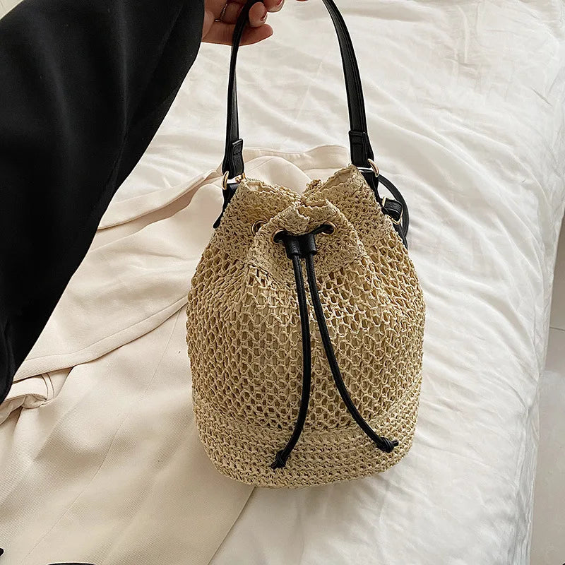 Summer Braided Straw Bucket Bag For Women Simple Drawstring Shoulder Crossbody Bag Travel Beach Bag Casual Wove Handbag