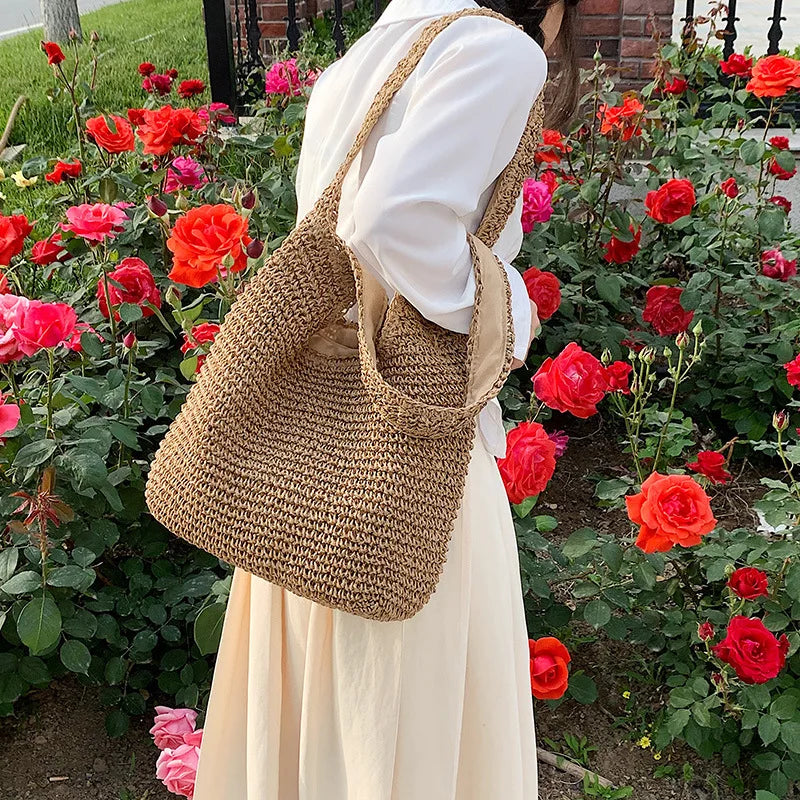 Women Beach Vintage Handmade Woven Shoulder Bag Raffia Rattan Shopping Bags Bohemian Ladies Summer Travel Vacation Casual Totes