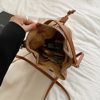 Summer Braided Straw Bucket Bag For Women Simple Drawstring Shoulder Crossbody Bag Travel Beach Bag Casual Wove Handbag