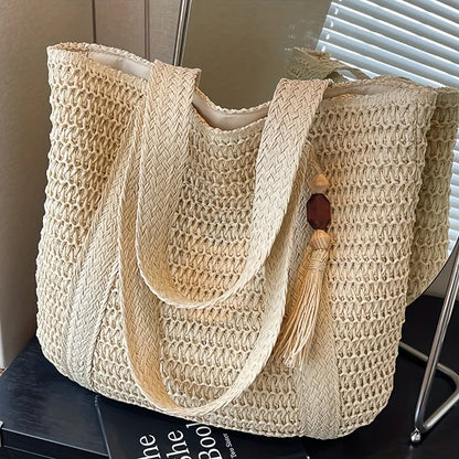New Handwoven Straw Shoulder Bag, Solid Color Tote w/Tassel, Square Beach Bag SummerVacation, Handbag Shopping Outings
