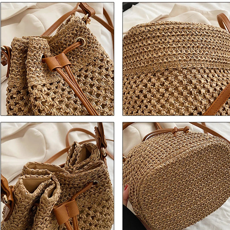 Summer Braided Straw Bucket Bag For Women Simple Drawstring Shoulder Crossbody Bag Travel Beach Bag Casual Wove Handbag