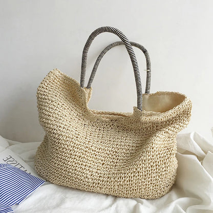 Women Beach Vintage Handmade Woven Shoulder Bag Raffia Rattan Shopping Bags Bohemian Ladies Summer Travel Vacation Casual Totes