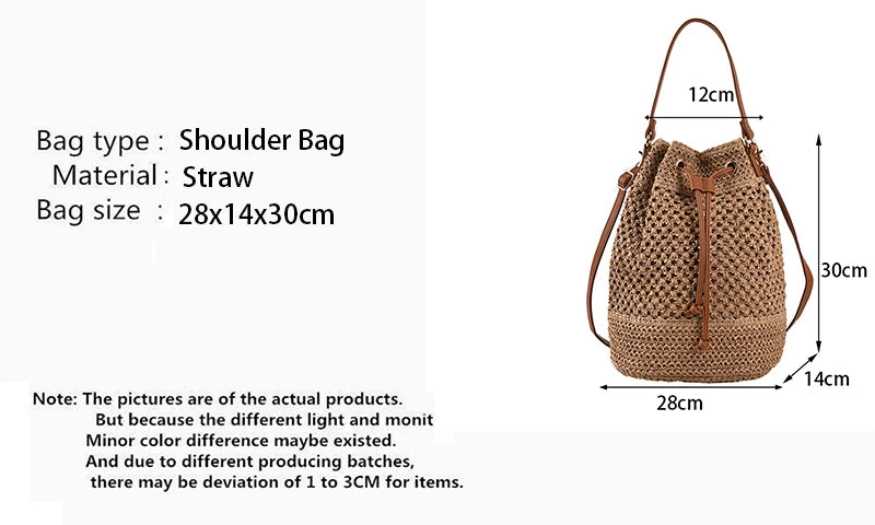 Summer Braided Straw Bucket Bag For Women Simple Drawstring Shoulder Crossbody Bag Travel Beach Bag Casual Wove Handbag