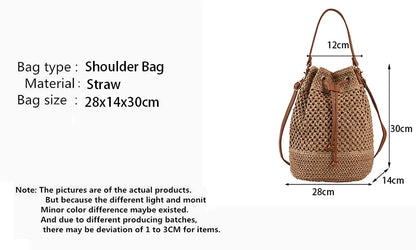 Summer Braided Straw Bucket Bag For Women Simple Drawstring Shoulder Crossbody Bag Travel Beach Bag Casual Wove Handbag
