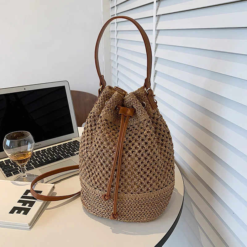Summer Braided Straw Bucket Bag For Women Simple Drawstring Shoulder Crossbody Bag Travel Beach Bag Casual Wove Handbag