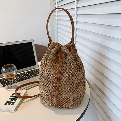 Summer Braided Straw Bucket Bag For Women Simple Drawstring Shoulder Crossbody Bag Travel Beach Bag Casual Wove Handbag