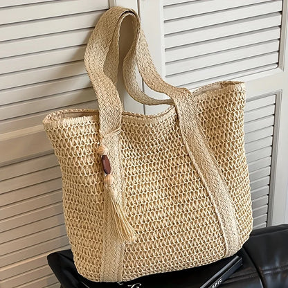 New Handwoven Straw Shoulder Bag, Solid Color Tote w/Tassel, Square Beach Bag SummerVacation, Handbag Shopping Outings