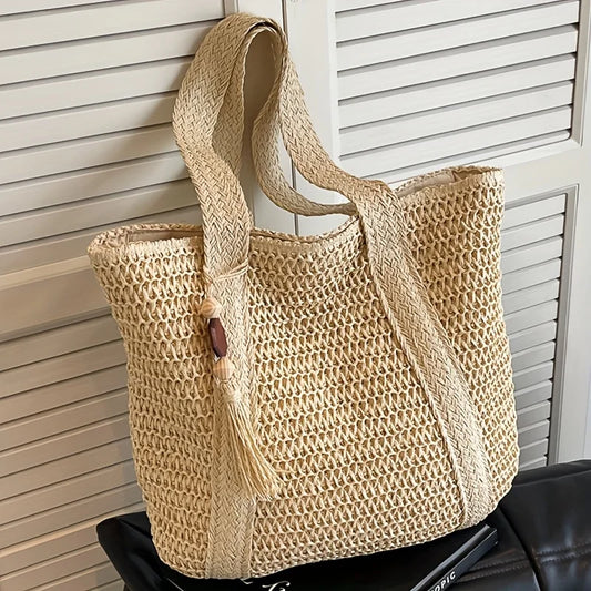 New Handwoven Straw Shoulder Bag, Solid Color Tote w/Tassel, Square Beach Bag SummerVacation, Handbag Shopping Outings