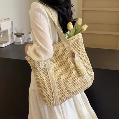 New Handwoven Straw Shoulder Bag, Solid Color Tote w/Tassel, Square Beach Bag SummerVacation, Handbag Shopping Outings