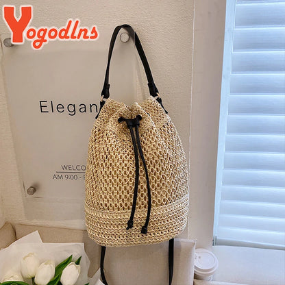 Summer Braided Straw Bucket Bag For Women Simple Drawstring Shoulder Crossbody Bag Travel Beach Bag Casual Wove Handbag
