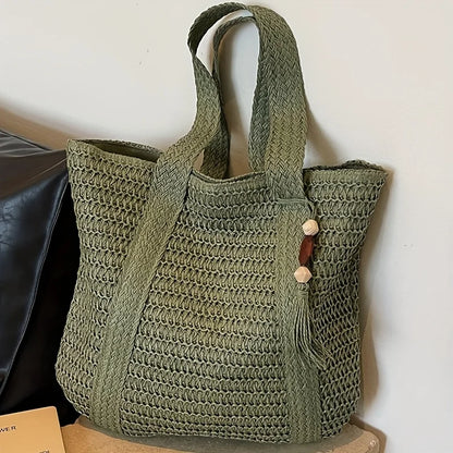 New Handwoven Straw Shoulder Bag, Solid Color Tote w/Tassel, Square Beach Bag SummerVacation, Handbag Shopping Outings