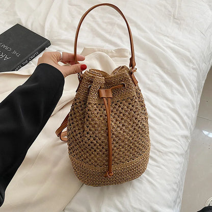 Summer Braided Straw Bucket Bag For Women Simple Drawstring Shoulder Crossbody Bag Travel Beach Bag Casual Wove Handbag