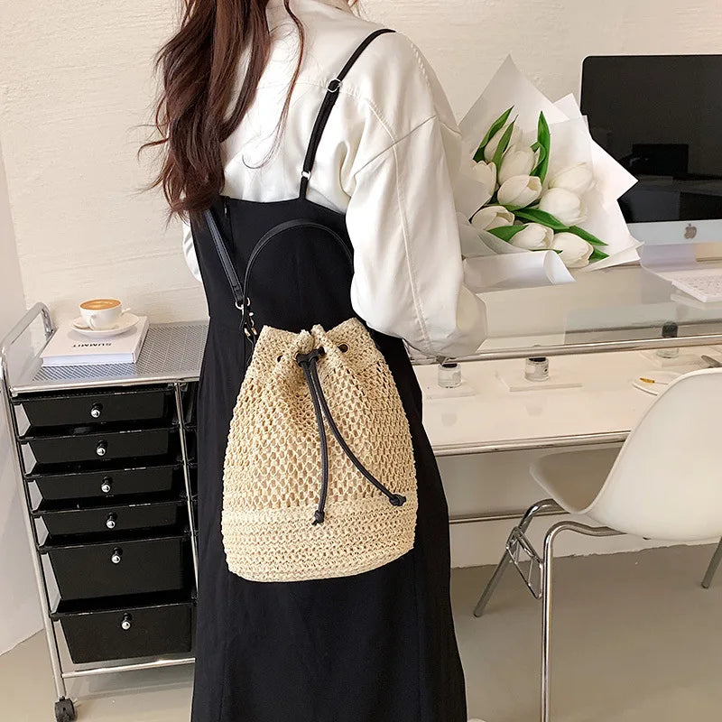 Summer Braided Straw Bucket Bag For Women Simple Drawstring Shoulder Crossbody Bag Travel Beach Bag Casual Wove Handbag
