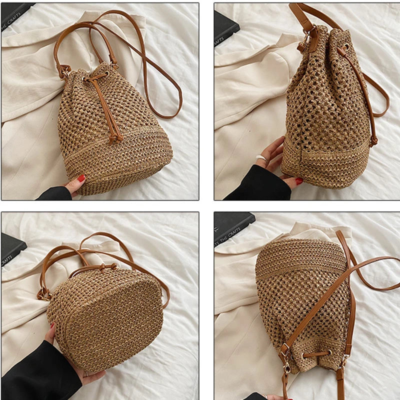 Summer Braided Straw Bucket Bag For Women Simple Drawstring Shoulder Crossbody Bag Travel Beach Bag Casual Wove Handbag