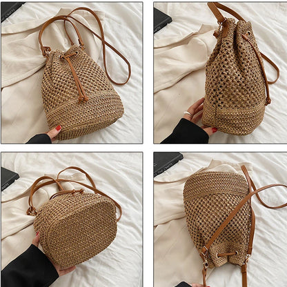 Summer Braided Straw Bucket Bag For Women Simple Drawstring Shoulder Crossbody Bag Travel Beach Bag Casual Wove Handbag