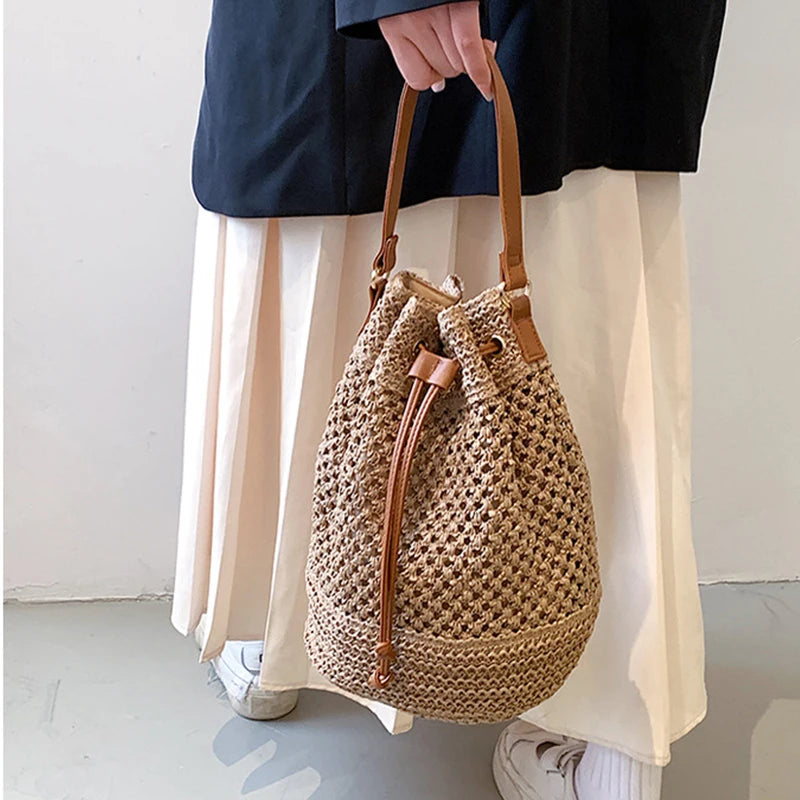 Summer Braided Straw Bucket Bag For Women Simple Drawstring Shoulder Crossbody Bag Travel Beach Bag Casual Wove Handbag