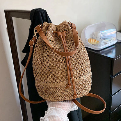 Summer Braided Straw Bucket Bag For Women Simple Drawstring Shoulder Crossbody Bag Travel Beach Bag Casual Wove Handbag