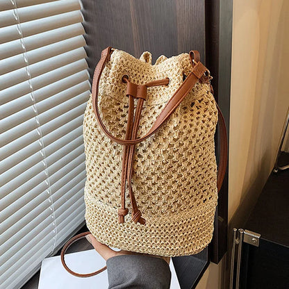 Summer Braided Straw Bucket Bag For Women Simple Drawstring Shoulder Crossbody Bag Travel Beach Bag Casual Wove Handbag