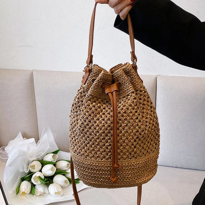 Summer Braided Straw Bucket Bag For Women Simple Drawstring Shoulder Crossbody Bag Travel Beach Bag Casual Wove Handbag