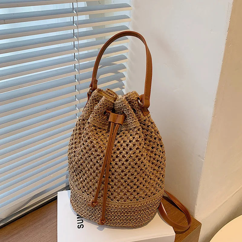 Summer Braided Straw Bucket Bag For Women Simple Drawstring Shoulder Crossbody Bag Travel Beach Bag Casual Wove Handbag