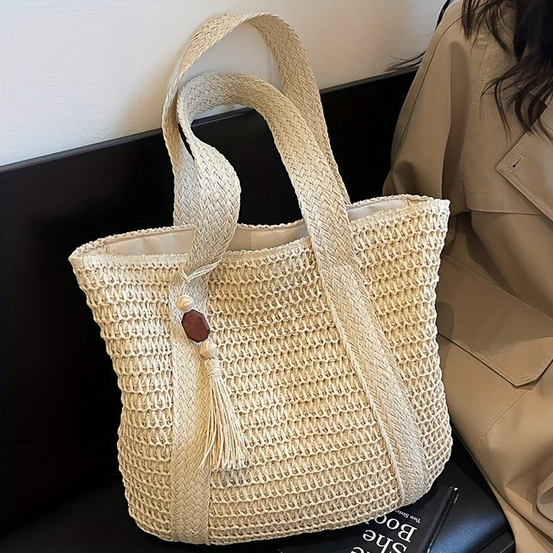 New Handwoven Straw Shoulder Bag, Solid Color Tote w/Tassel, Square Beach Bag SummerVacation, Handbag Shopping Outings
