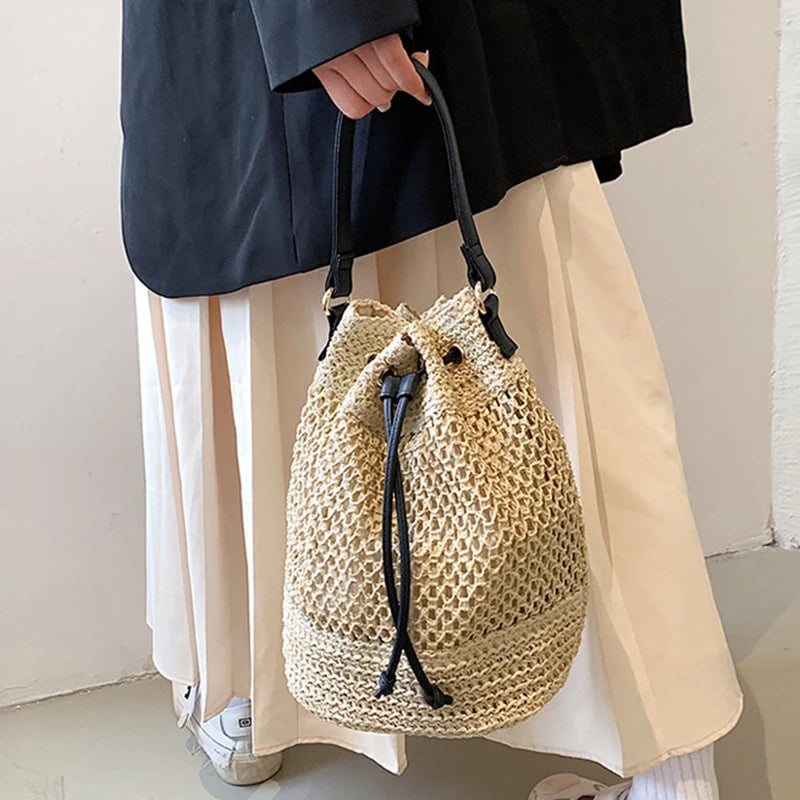 Summer Braided Straw Bucket Bag For Women Simple Drawstring Shoulder Crossbody Bag Travel Beach Bag Casual Wove Handbag