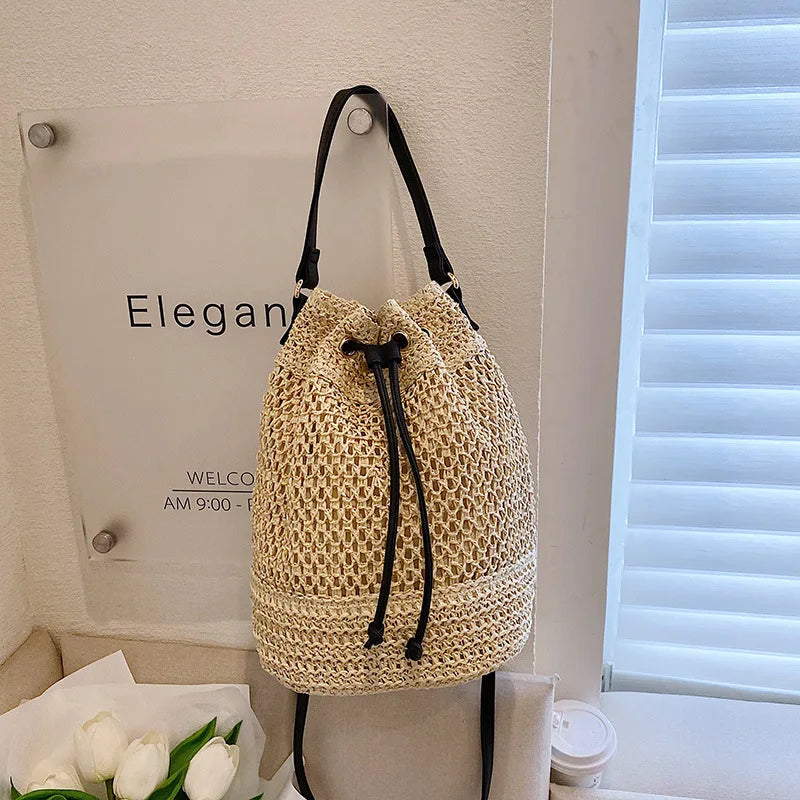 Summer Braided Straw Bucket Bag For Women Simple Drawstring Shoulder Crossbody Bag Travel Beach Bag Casual Wove Handbag