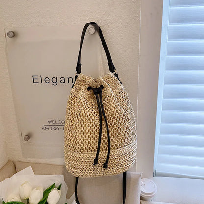 Summer Braided Straw Bucket Bag For Women Simple Drawstring Shoulder Crossbody Bag Travel Beach Bag Casual Wove Handbag