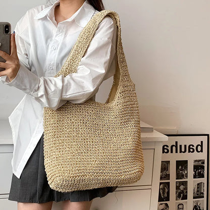 Women Beach Vintage Handmade Woven Shoulder Bag Raffia Rattan Shopping Bags Bohemian Ladies Summer Travel Vacation Casual Totes