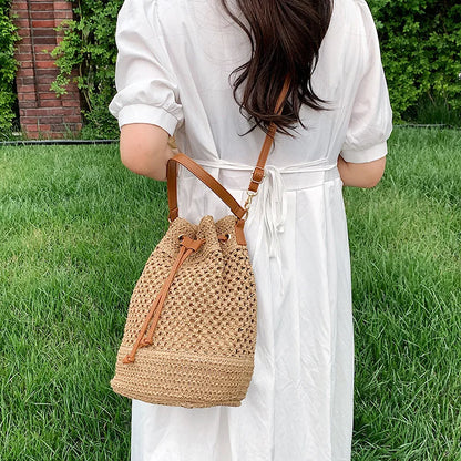 Summer Braided Straw Bucket Bag For Women Simple Drawstring Shoulder Crossbody Bag Travel Beach Bag Casual Wove Handbag
