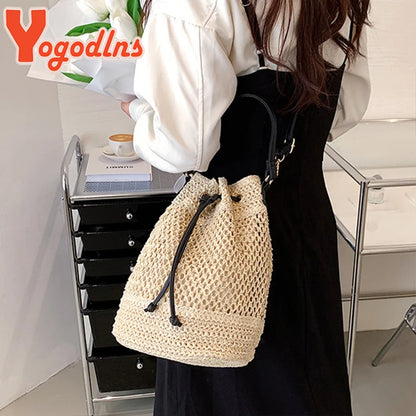 Summer Braided Straw Bucket Bag For Women Simple Drawstring Shoulder Crossbody Bag Travel Beach Bag Casual Wove Handbag