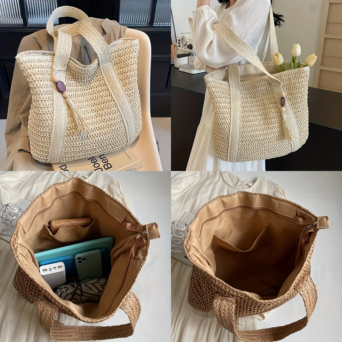 New Handwoven Straw Shoulder Bag, Solid Color Tote w/Tassel, Square Beach Bag SummerVacation, Handbag Shopping Outings