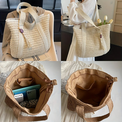 New Handwoven Straw Shoulder Bag, Solid Color Tote w/Tassel, Square Beach Bag SummerVacation, Handbag Shopping Outings